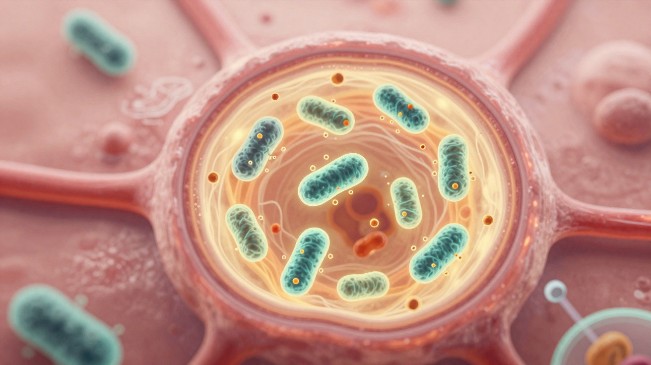 Ilustração microscópica de bactérias verdes dentro de uma célula vermelha com detalhes de organelos.
