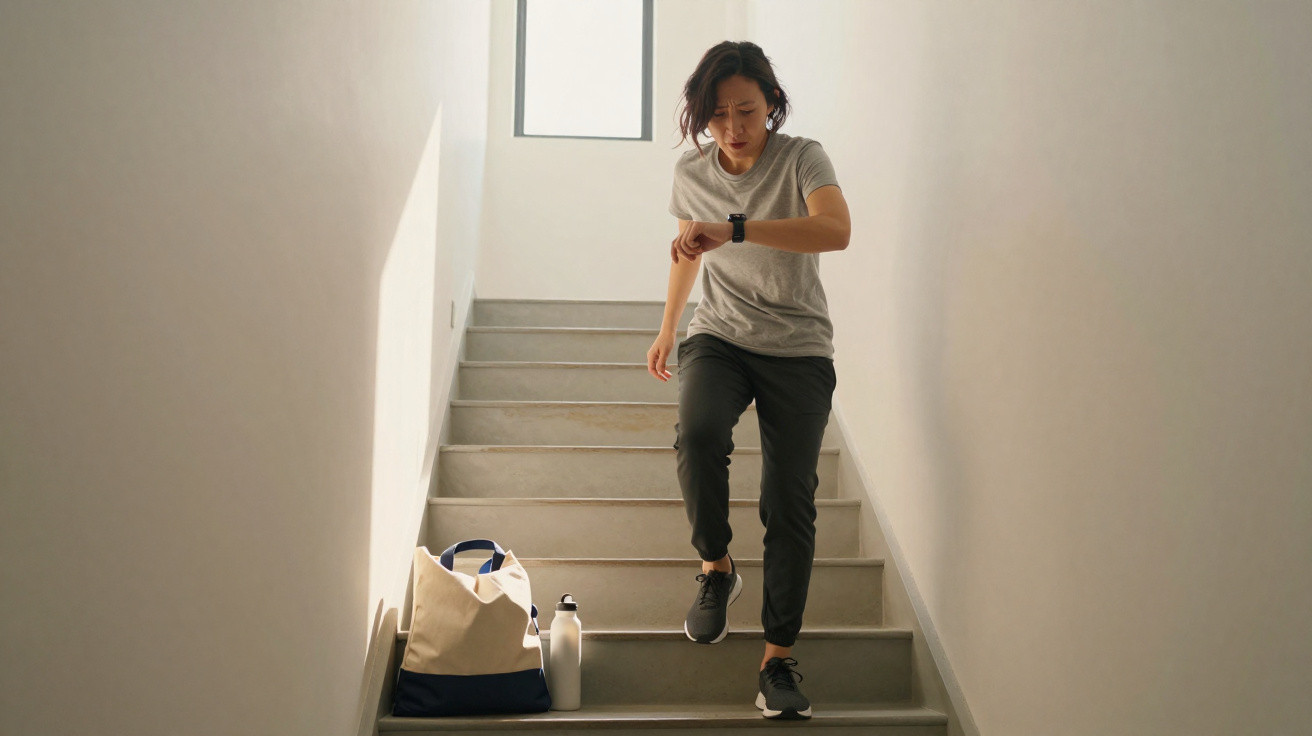 Mulher em roupa desportiva a subir escadas e a olhar para o relógio com mochila e garrafa ao lado.