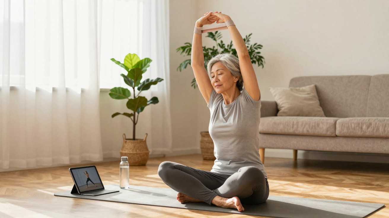 Mulher madura a fazer alongamentos sentada no tapete de yoga na sala iluminada por luz natural.