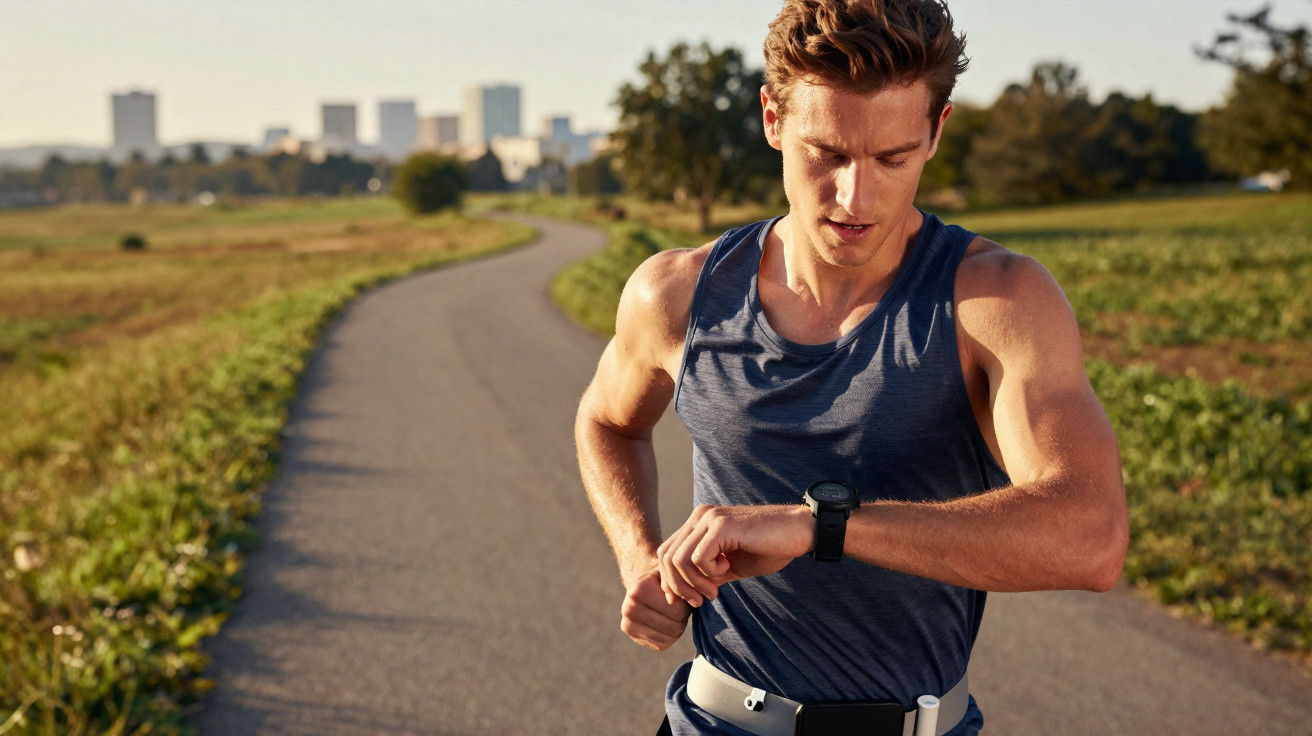 Homem a correr num caminho ao ar livre a olhar para um relógio desportivo no pulso.