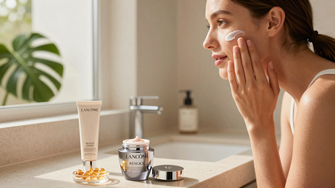 Mulher aplica creme no rosto numa casa de banho, com produtos Lancôme sobre a bancada.