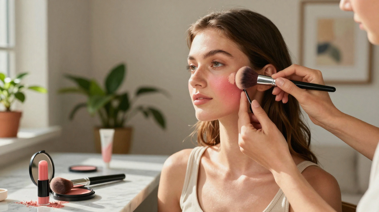 Mulher a aplicar blush nas bochechas com pincel num ambiente interior iluminado.