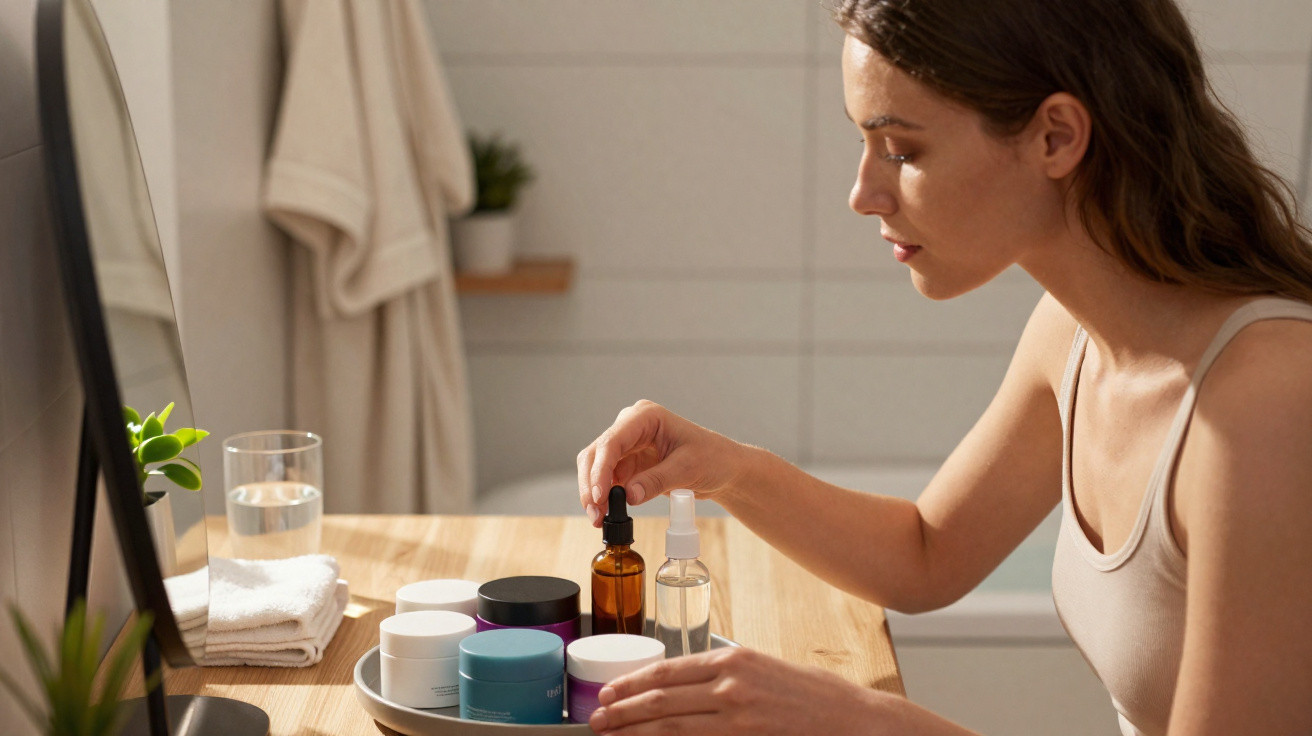 Mulher a aplicar sérum facial, sentada à frente de um espelho num ambiente claro e relaxante.