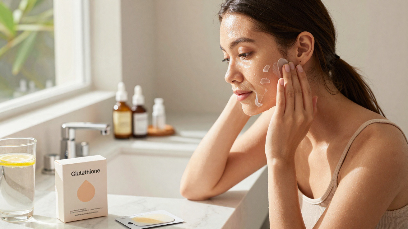 Mulher aplica creme facial num rosto, sentada junto a janela e bancada com produtos de beleza.