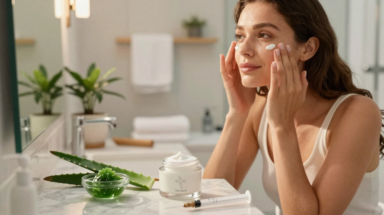 Mulher aplica creme facial num banheiro com frasco de produto e folhas de aloe vera na bancada.
