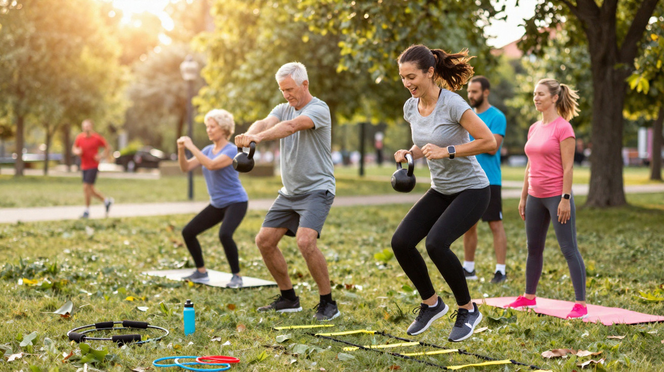 Grupo de adultos a fazer exercícios com kettlebell em parque, numa manhã ensolarada.