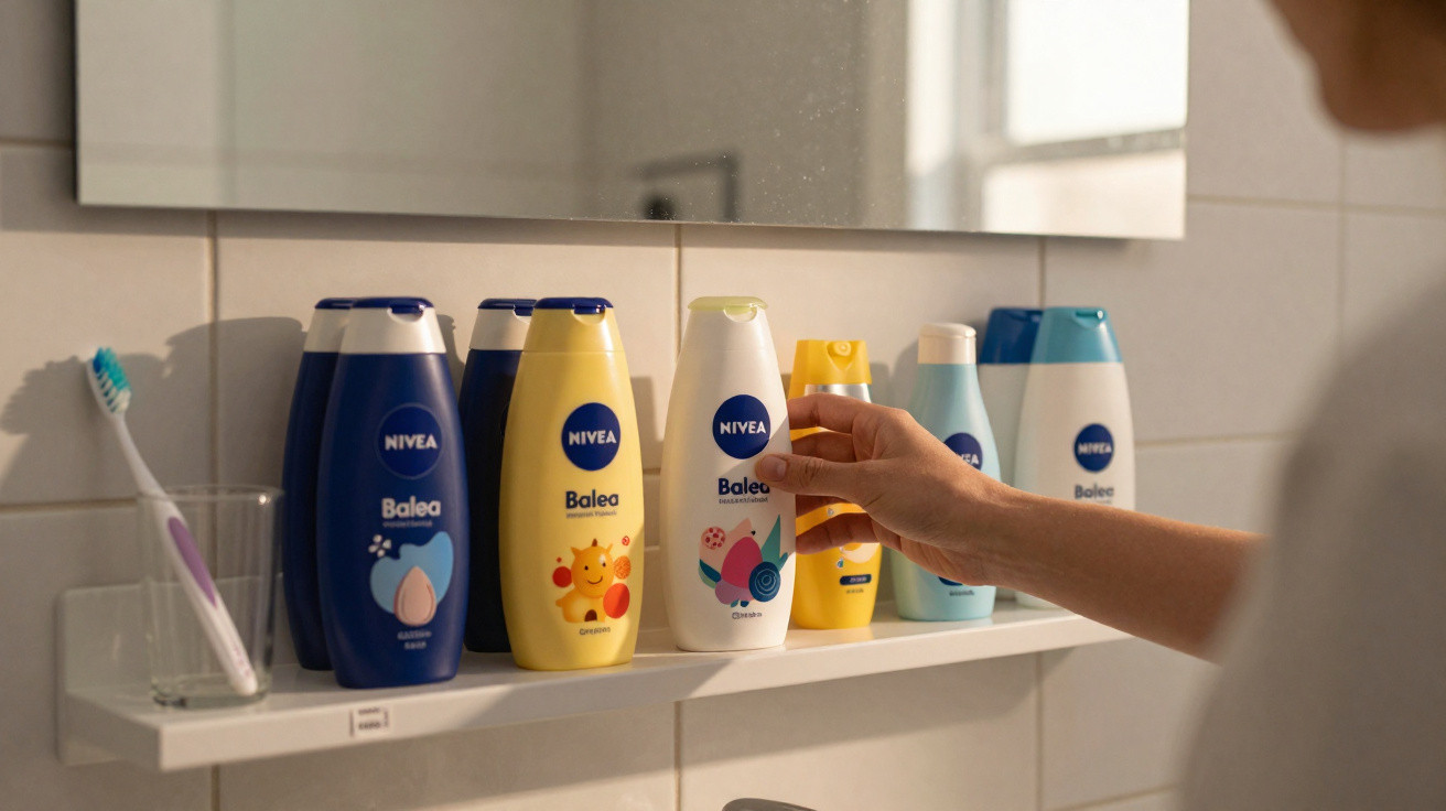 Mão a alcançar frasco de champô Nivea Balea numa prateleira de casa de banho com outros produtos e escova de dentes.