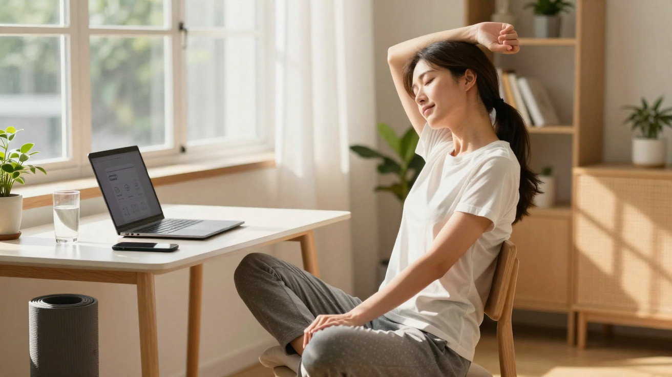 Mulher alonga-se sentada numa cadeira ao lado de mesa com computador portátil, em ambiente luminoso e acolhedor.
