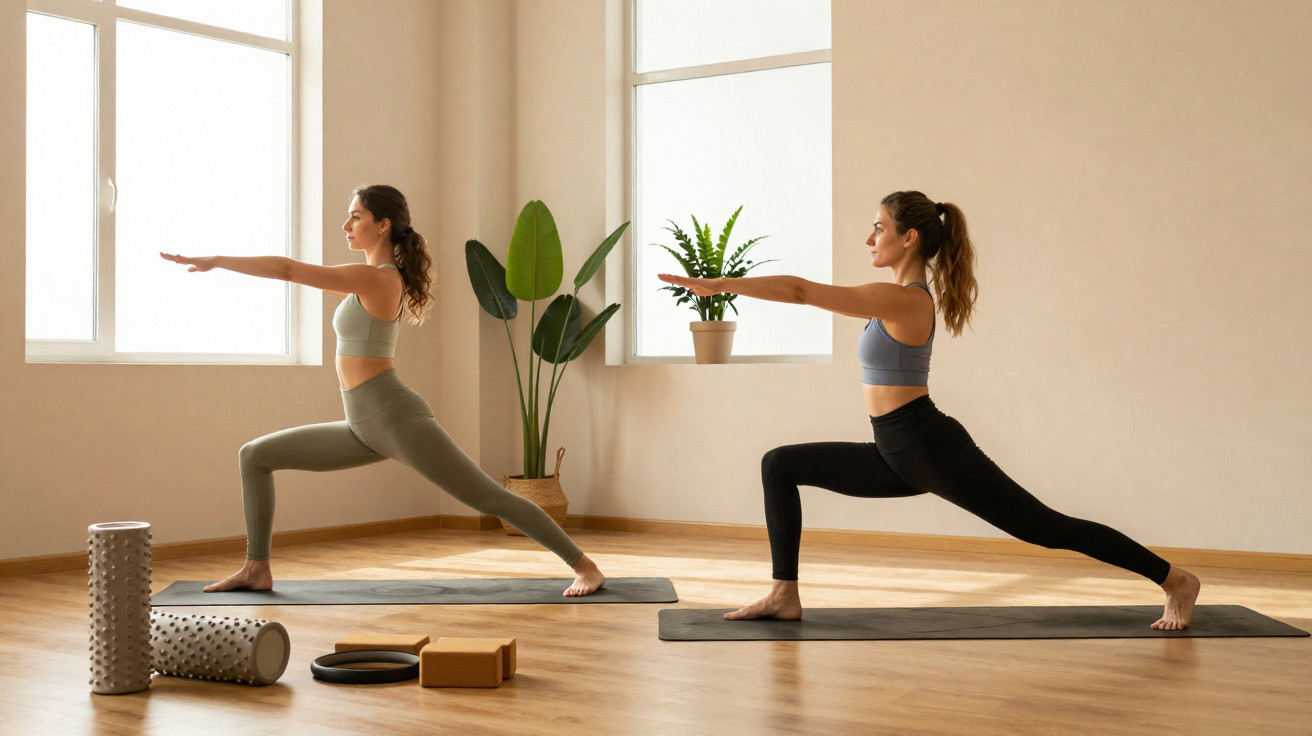 Duas mulheres a praticar yoga em posição guerreira numa sala clara com plantas e tapetes de yoga.