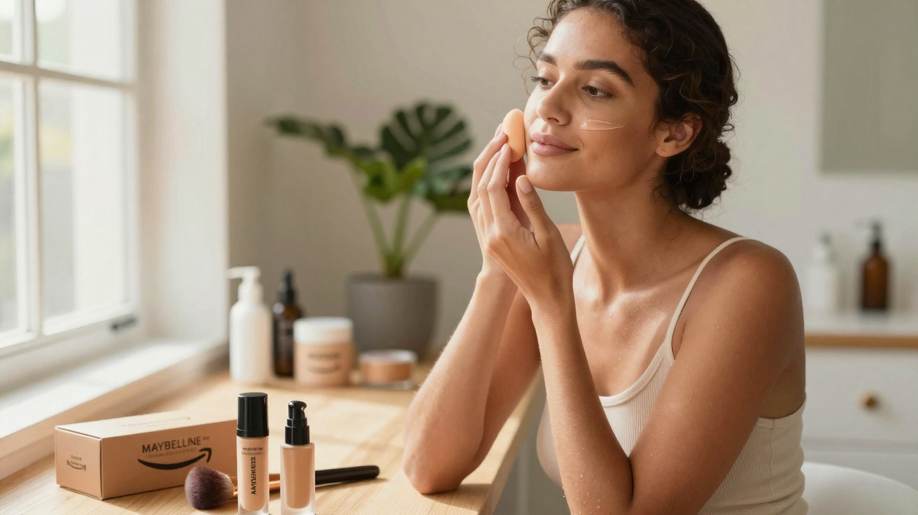 Mulher a aplicar maquilhagem com esponja, sentada numa mesa com produtos de beleza à frente, perto de uma janela.