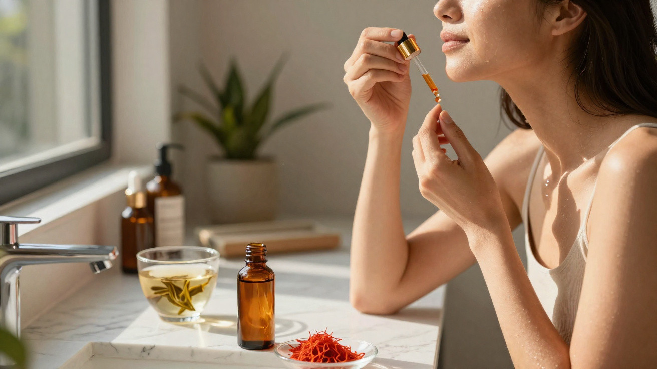Mulher a aplicar óleo facial com conta-gotas num ambiente luminoso de casa junto a frascos e plantas.