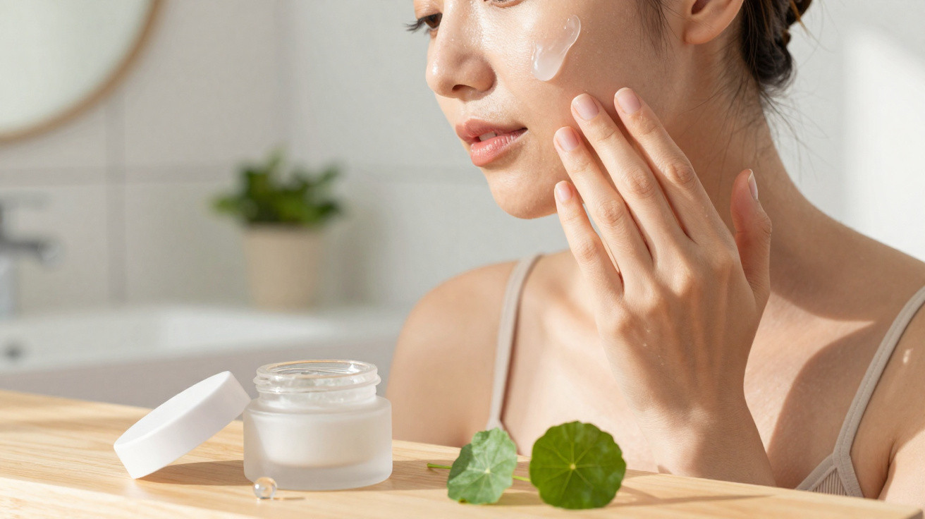 Mulher a aplicar creme hidratante no rosto, ao lado de frasco de vidro com tampa aberta e folhas verdes.