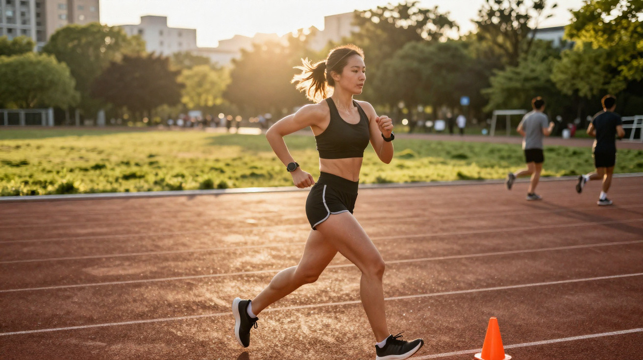 Mulher a correr numa pista de atletismo ao ar livre, com o sol brilhando ao fundo.