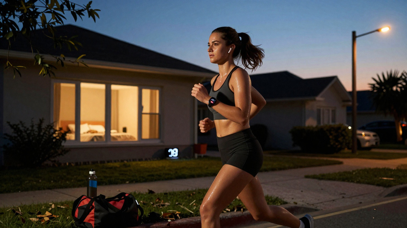 Mulher a correr à noite numa rua residencial, com roupa de desporto e auriculares, junto a uma bolsa e garrafa de água.