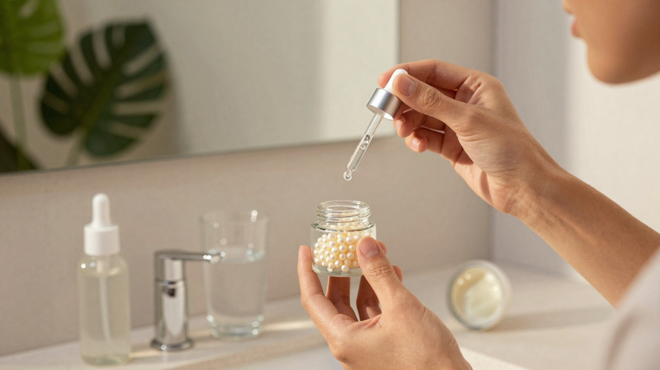 Pessoa a aplicar sérum com conta-gotas em frasco com pérolas no lavatório do banheiro.