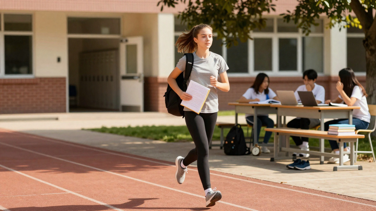 Rapariga a correr numa pista desportiva com caderno e mochila, enquanto outras estudam ao fundo numa mesa exterior.
