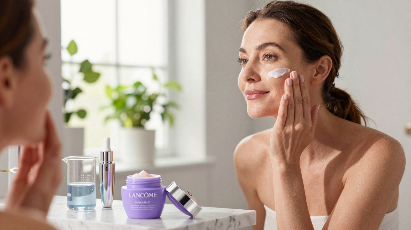 Mulher aplica creme hidratante no rosto junto a produtos de skincare num ambiente luminoso e natural.