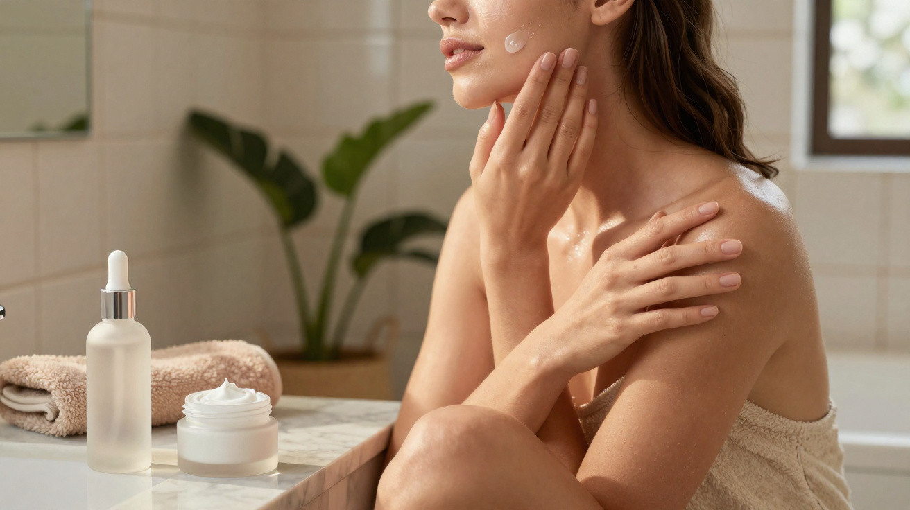 Mulher a aplicar creme hidratante no rosto numa casa de banho com toalha junto e frascos de cosmética.