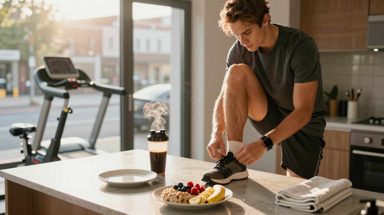 Jovem com roupa desportiva a amarrar os ténis numa cozinha com prato de fruta e bebida quente à frente.