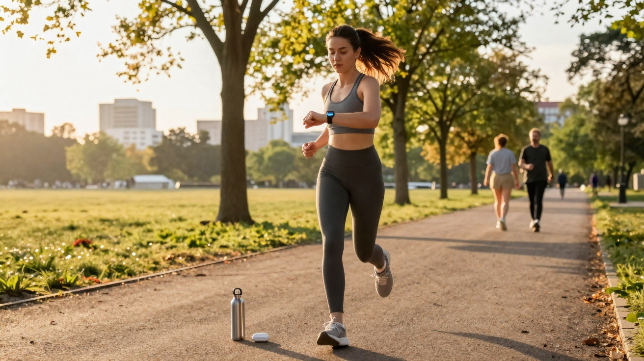 Mulher jovem a correr num parque ensolarado, vestida com roupa desportiva cinzenta e a olhar para o relógio.