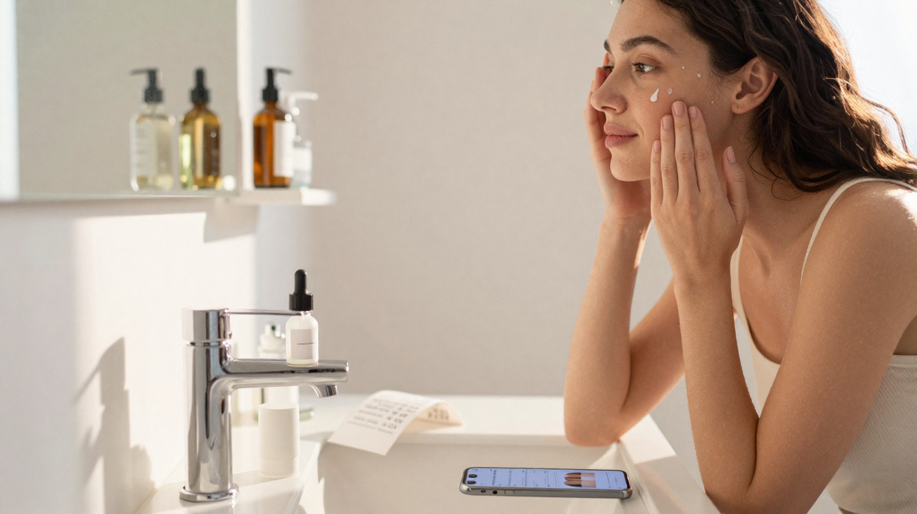 Mulher aplica creme no rosto junto ao lavatório, com telemóvel e produtos de cuidados de pele à sua frente.