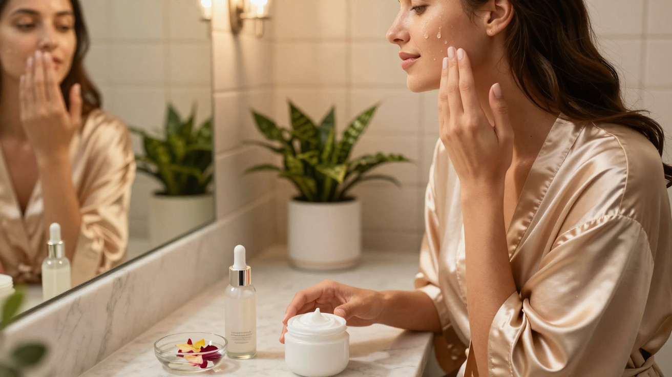 Mulher a aplicar creme hidratante no rosto sentada junto a uma bancada com produtos de beleza.