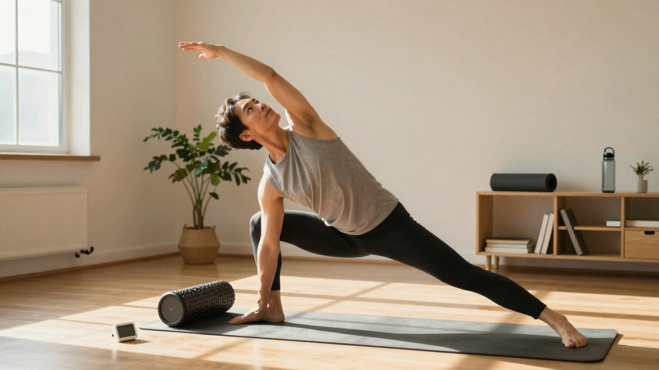 Pessoa jovem a fazer alongamento de ioga numa sala luminosa e espaçosa com acessórios de fitness.