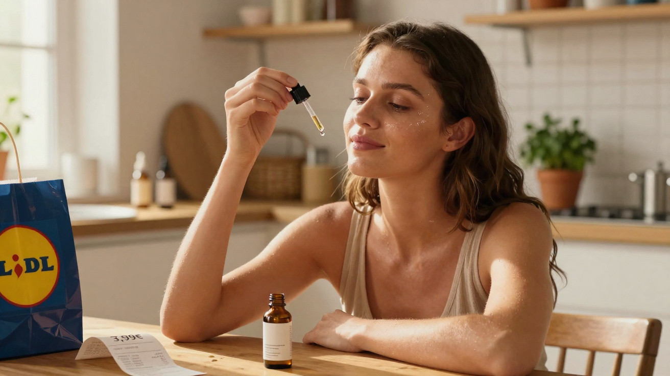 Mulher a aplicar soro facial com conta-gotas sentada numa cozinha moderna com saco do Lidl na mesa.