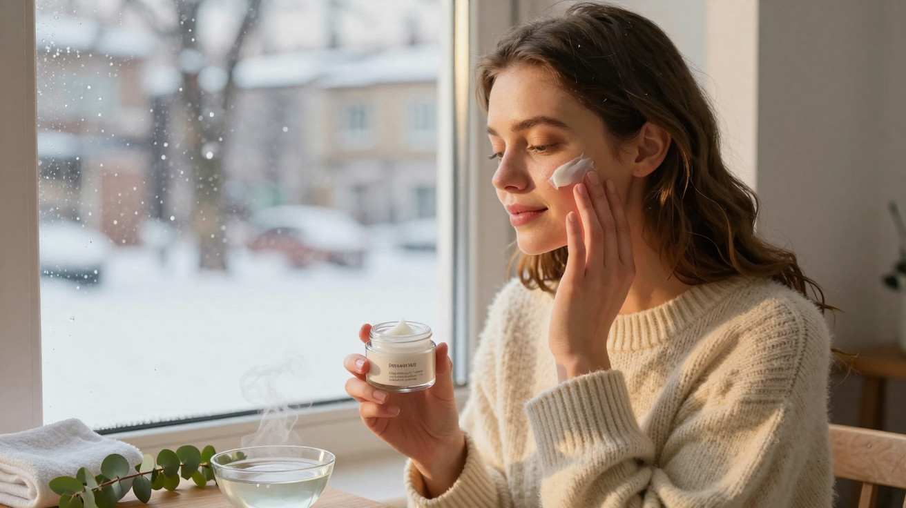 Mulher a aplicar creme facial junto a janela com vista para a paisagem de neve.
