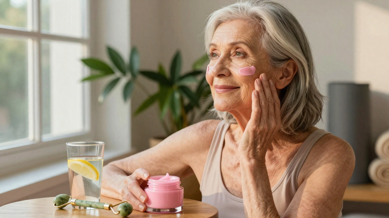 Mulher idosa a aplicar creme facial rosa sentada à mesa junto a uma janela, com copo de água e rolo de massagem.