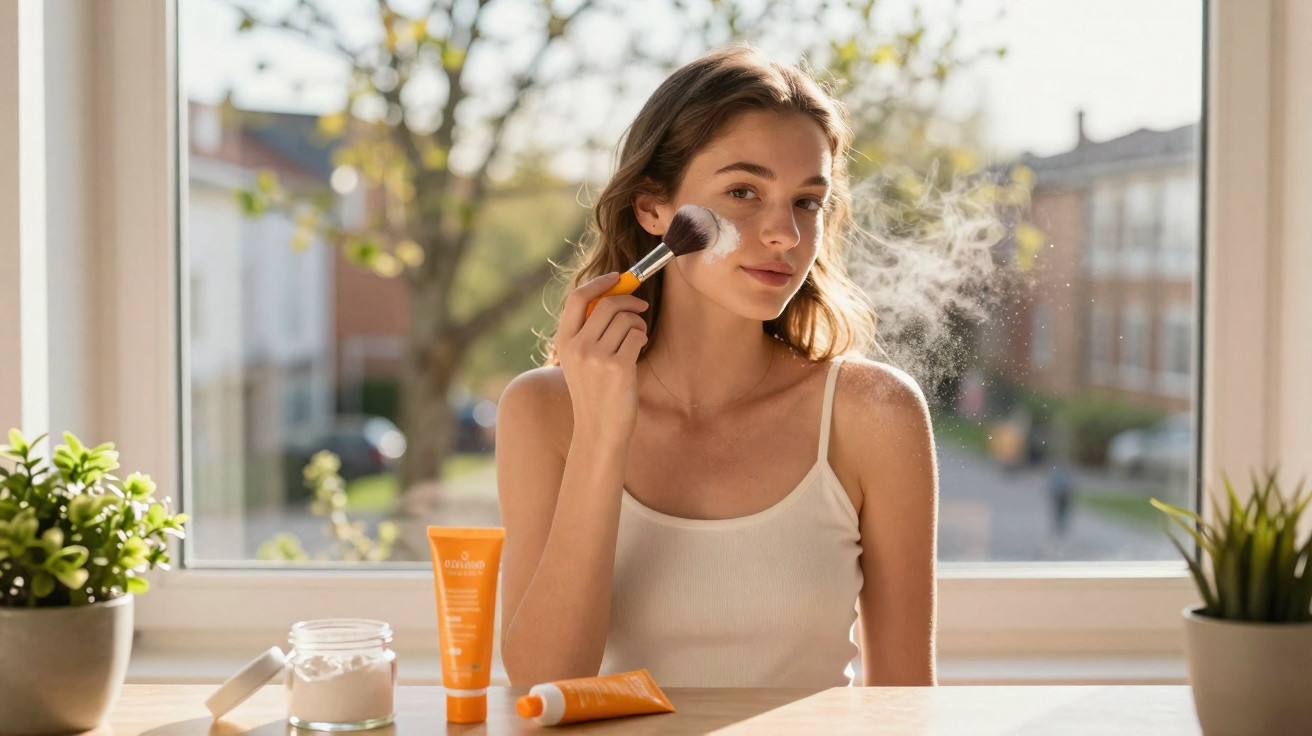 Mulher a aplicar pó facial com pincel num ambiente iluminado junto a uma janela com plantas.