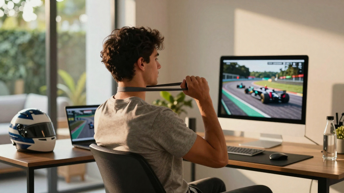 Jovem a jogar simulador de corridas de carros num computador, com capacete de corridas na mesa ao lado.
