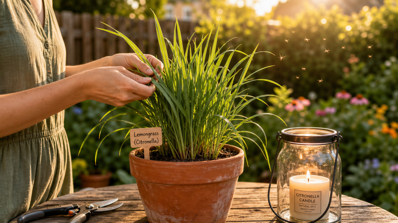 Mãos a cuidar de uma planta de citronela num vaso, junto a uma vela acesa e luz do pôr do sol.
