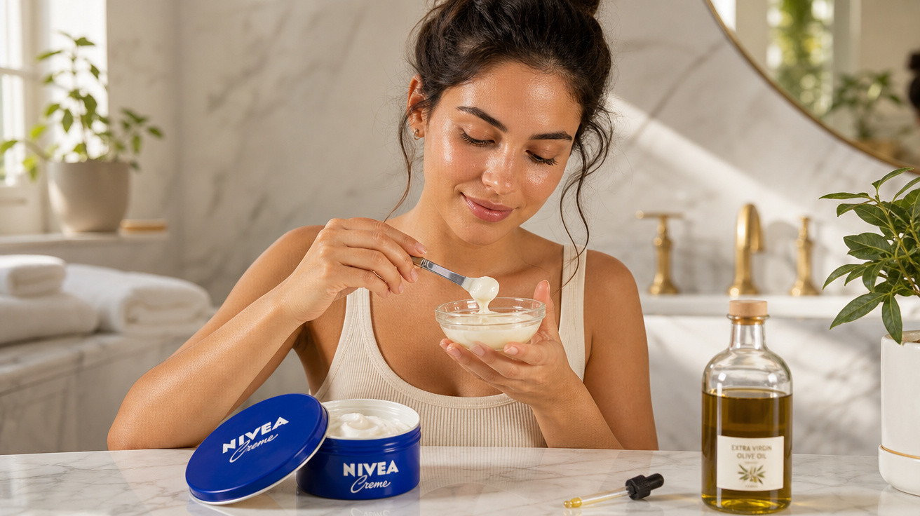 Mulher a aplicar creme Nivea numa cozinha com frasco de azeite e plantas ao fundo.