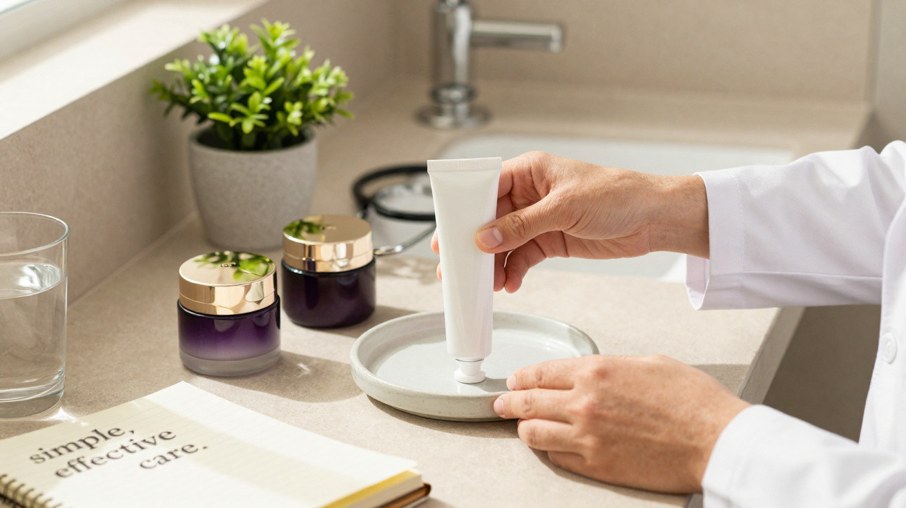Mãos com bata branca seguram tubo de creme sobre uma bandeja numa bancada com plantas e frascos de cosméticos.