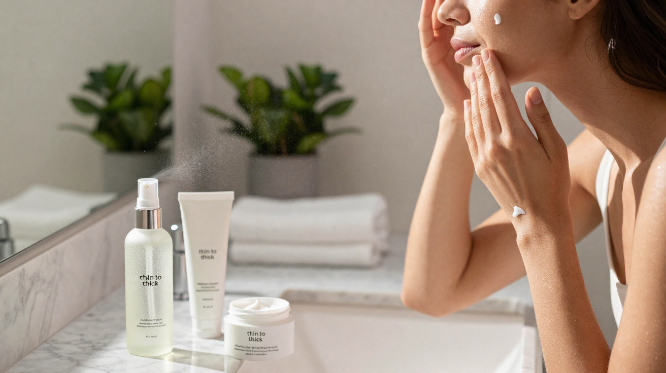 Mulher a aplicar creme facial com produtos de cuidados de pele sobre uma bancada de casa de banho.
