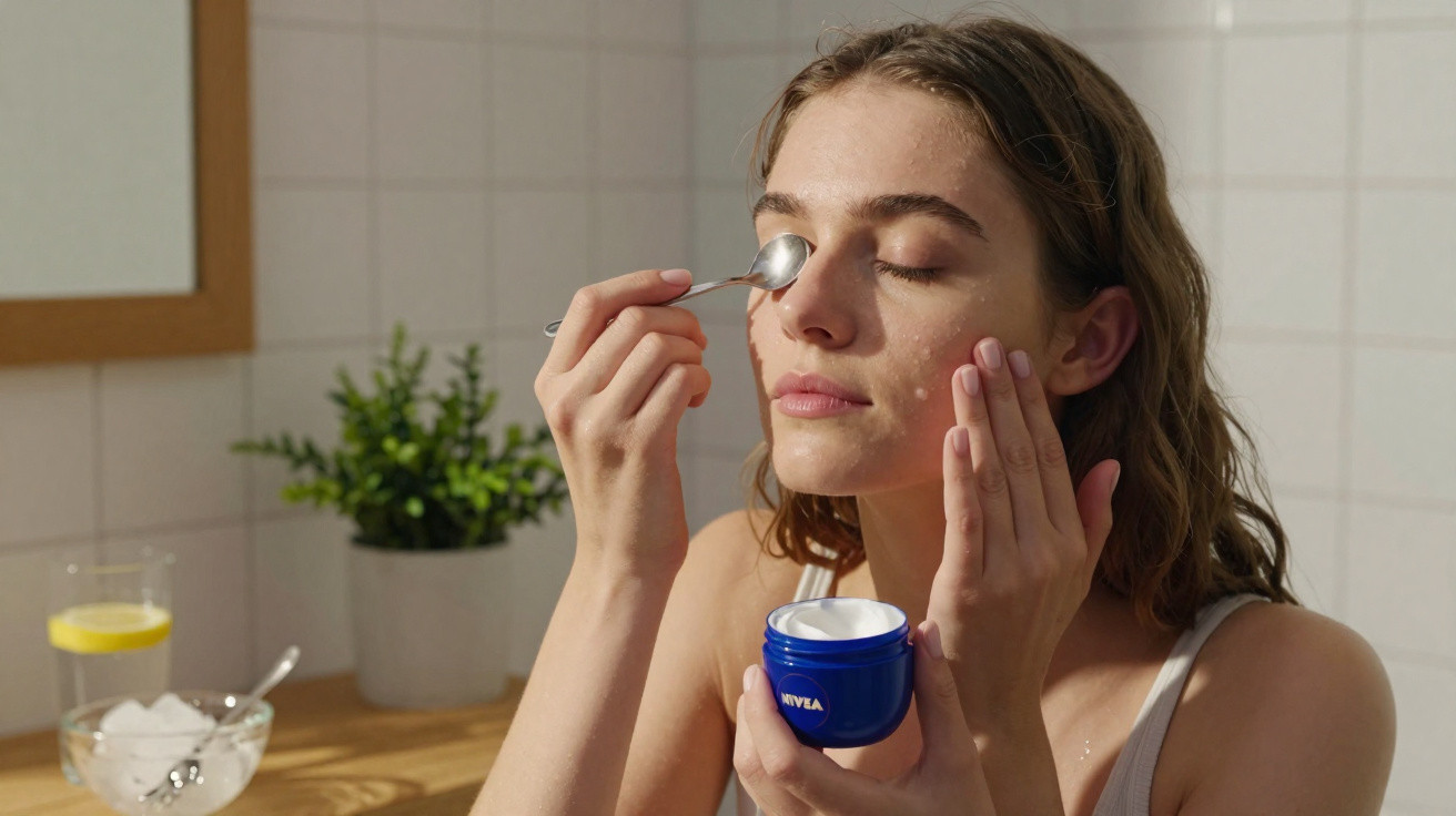 Mulher aplica creme facial com uma colher num ambiente iluminado e tranquilo.