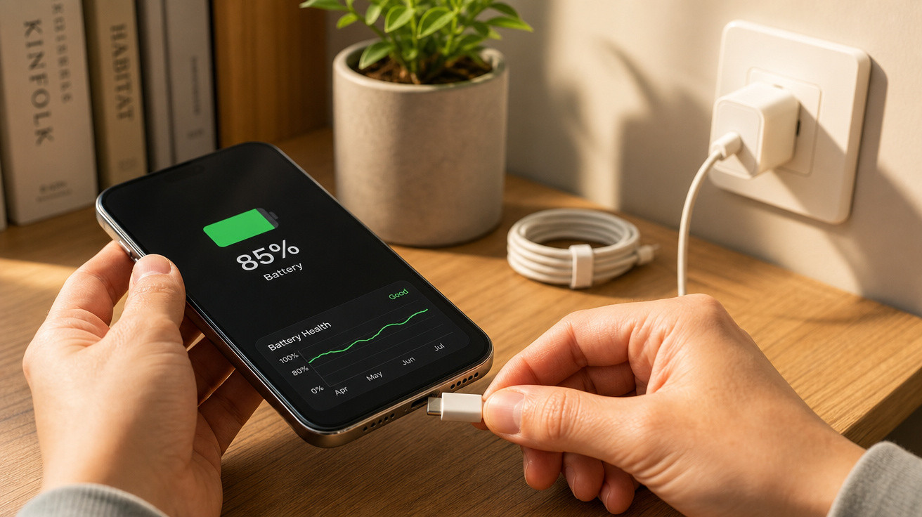 Pessoa a ligar cabo USB-C para carregar telemóvel com 85% de bateria numa secretária de madeira.
