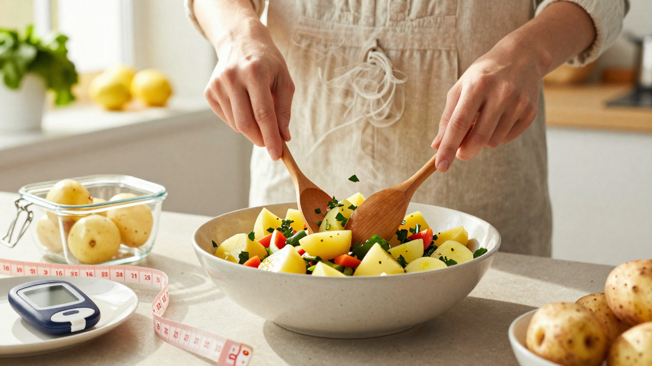 Pessoa a preparar salada saudável com batatas, legumes e ervas na cozinha iluminada.