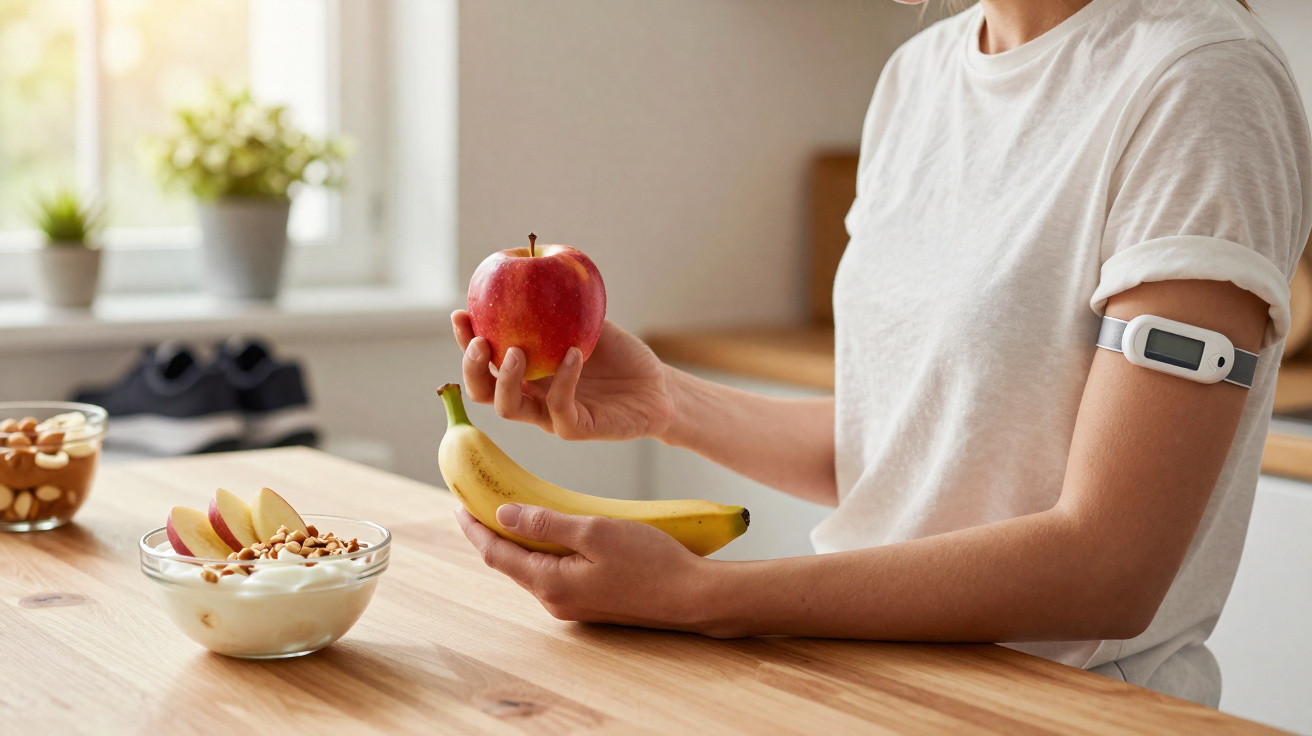 Pessoa com monitor de glicose no braço segura maçã e banana junto a taça com iogurte, maçã e frutos secos.