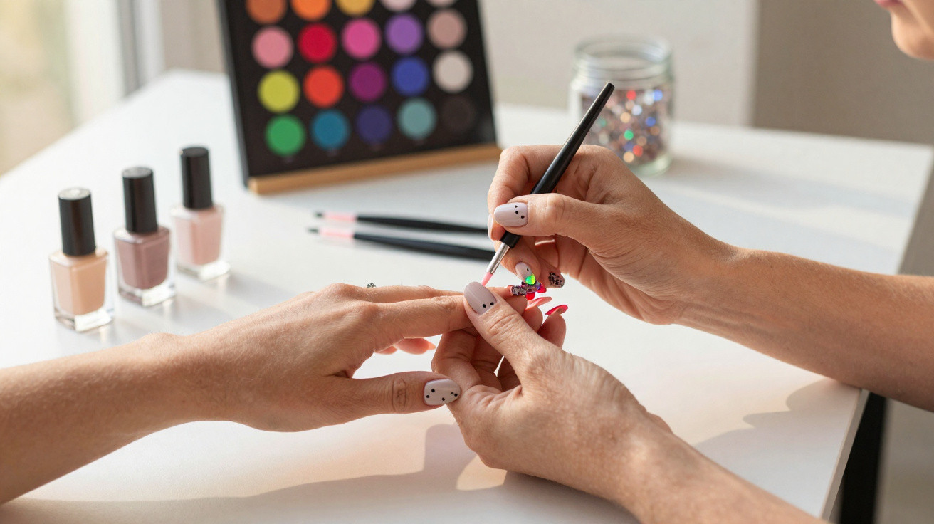 Mãos femininas a pintar unhas com pincel, esmaltes e paleta de cores ao fundo numa mesa branca.
