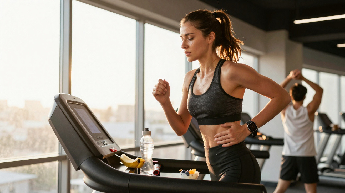 Mulher a correr numa passadeira na ginásio, usando roupa de desporto preta e relógio fitness no pulso.