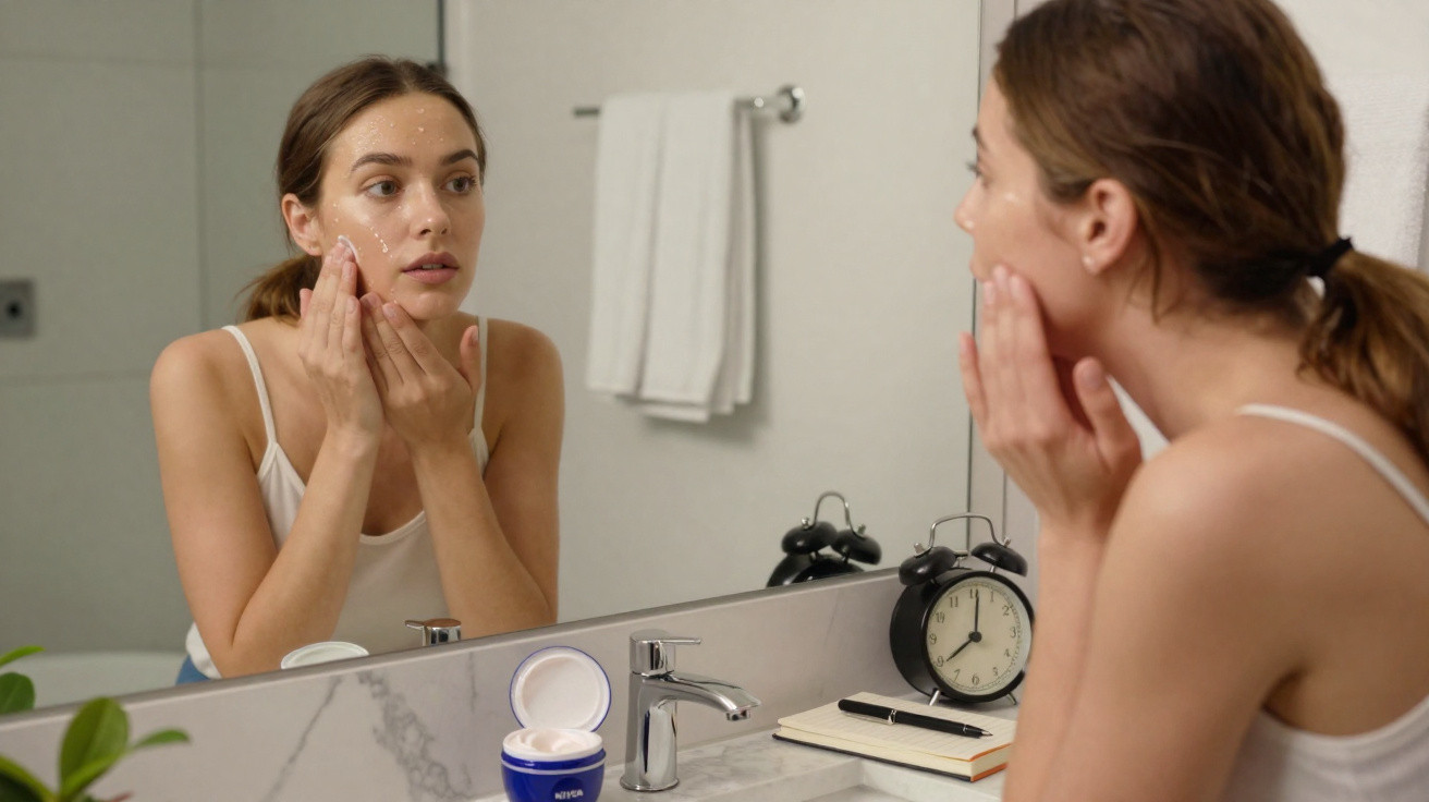 Mulher a aplicar creme facial em frente ao espelho numa casa de banho moderna.