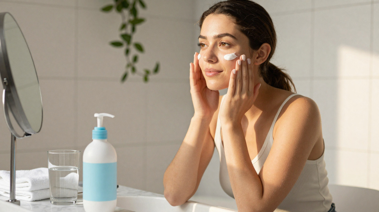 Mulher a aplicar creme facial no rosto em frente a um espelho numa casa de banho iluminada.