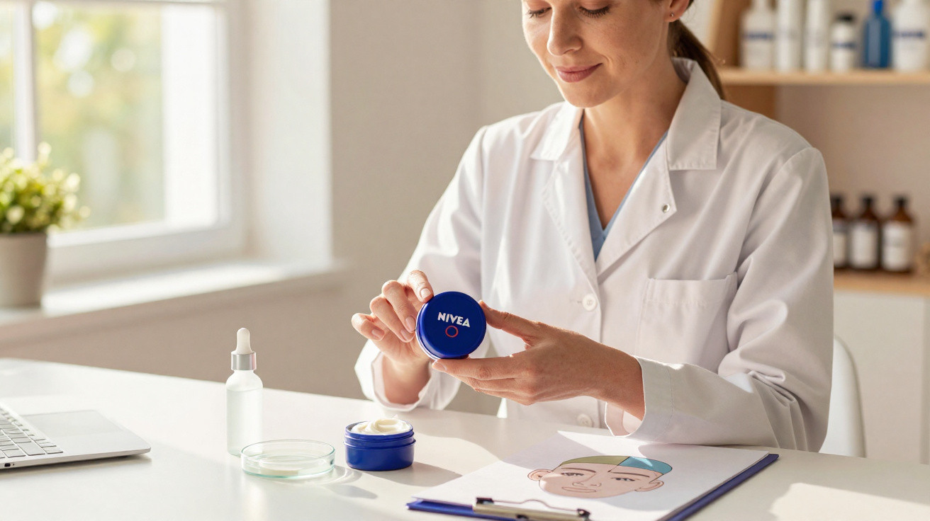 Mulher com bata branca a segurar pote de creme Nivea num consultório luminoso.