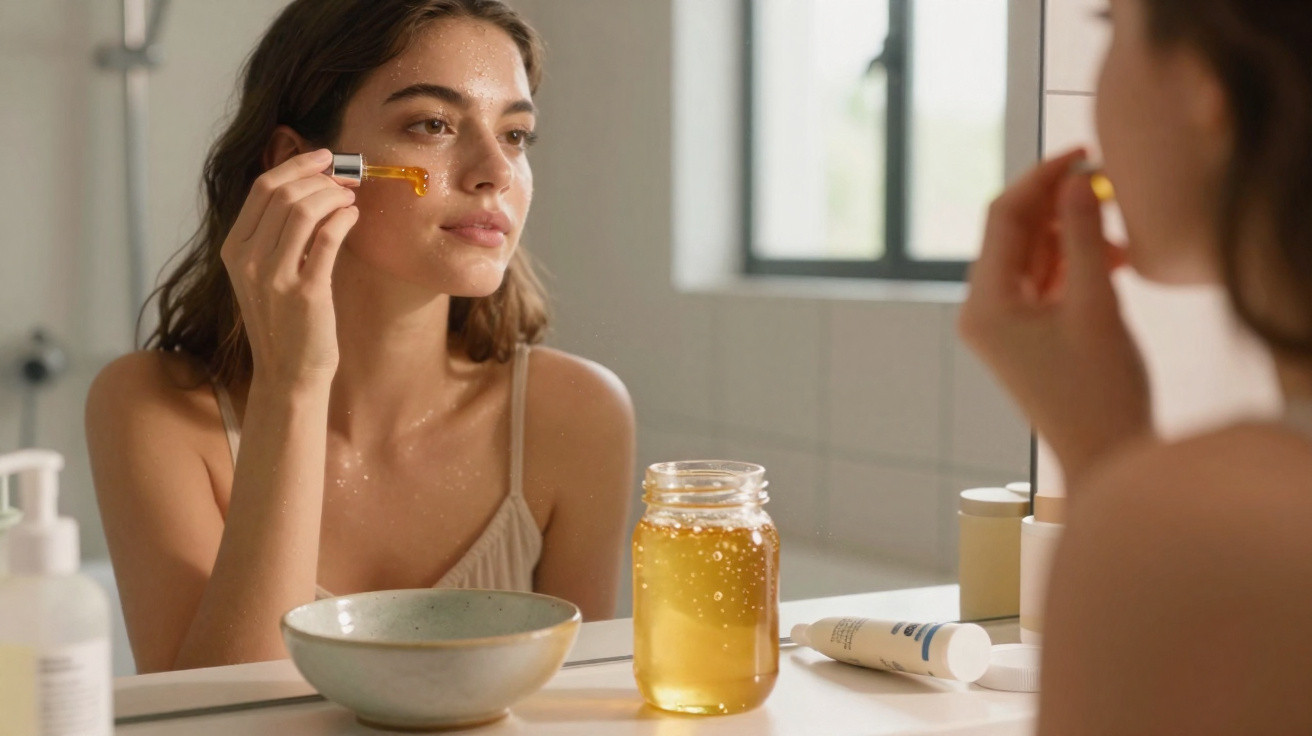 Mulher aplica sérum facial com conta-gotas em frente a um espelho de casa de banho clara.
