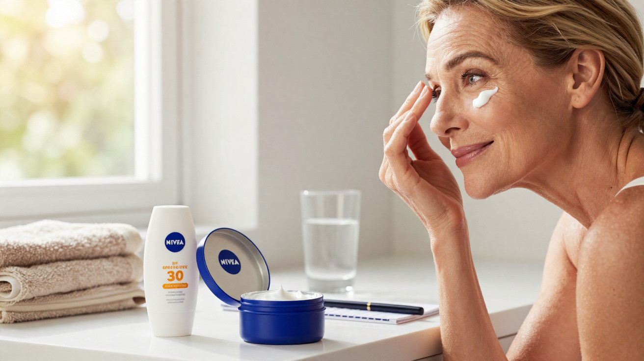Mulher aplica creme hidratante na cara, ao lado de produtos Nivea e toalhas num balcão junto à janela.