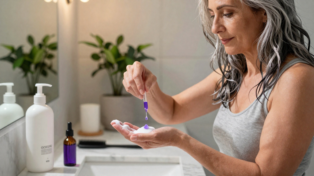 Mulher madura aplica sérum facial com conta-gotas na mão numa casa de banho moderna.