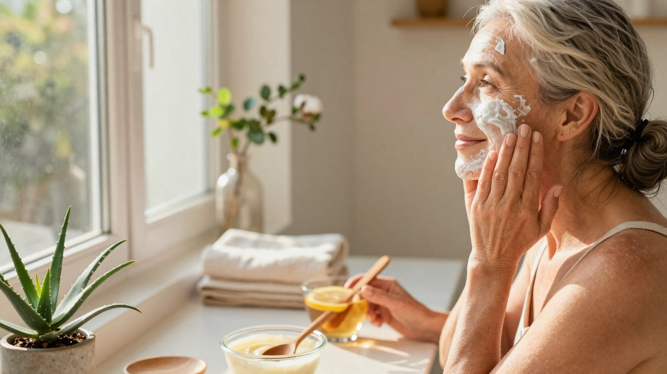 Mulher madura a aplicar creme facial, sentada junto a uma janela com luz natural suave.