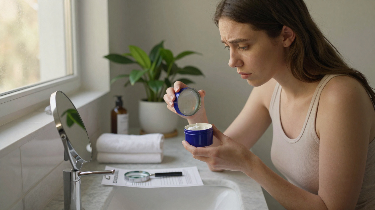 Mulher séria sentada no lavatório a abrir um frasco azul de creme facial junto a um espelho.